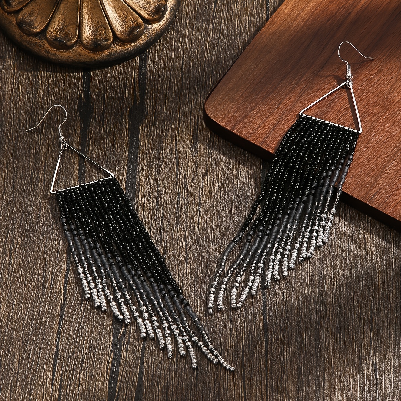 Women's Boho Style Black Metal Triangle Tassel Earrings